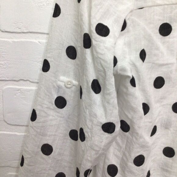2/40$ LINEN blouse polka dots black ecru mao neck button Down casual shirt med - Picture 5 of 12
